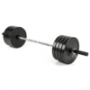 Barra olímpica de 15 kg camo gris cargada con discos bumper negros para entrenamiento de fuerza.