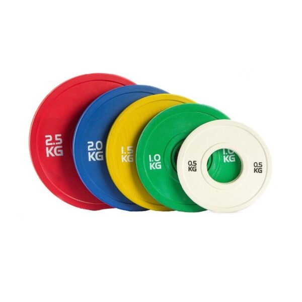 Set de discos olímpicos fraccionales de colores apilados para halterofilia.