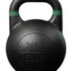 Kettlebell de competición Ironcast de 24 kg negra con banda verde para levantamientos pesados.