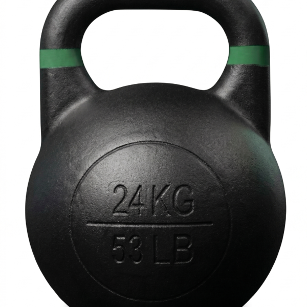Kettlebell de competición Ironcast de 24 kg negra con banda verde para levantamientos pesados.
