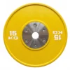 Disco bumper calibrado de competición 15 kg color amarillo con centro cromado Fitness Kingdom