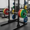 Discos bumper calibrados de competición equipados en gimnasio comercial Fitness Kingdom